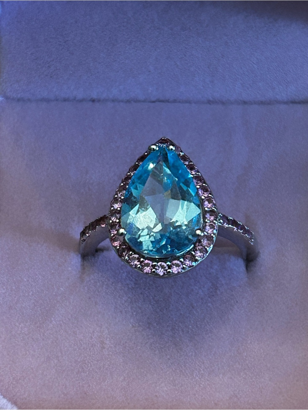 JTV Sterling Silver Large Pear Shape Glacier Blue Topaz w/Lab Pink Sapphire Ring